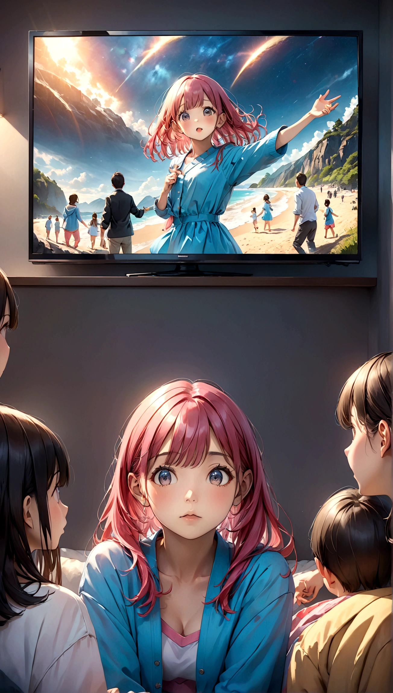 8K portrait of a beautiful young woman in a J-POP style, getting excited while watching TV with her family, extremely detailed, high quality, ultra-high resolution, photorealistic, masterpiece, cinematic composition, trending on ArtStation