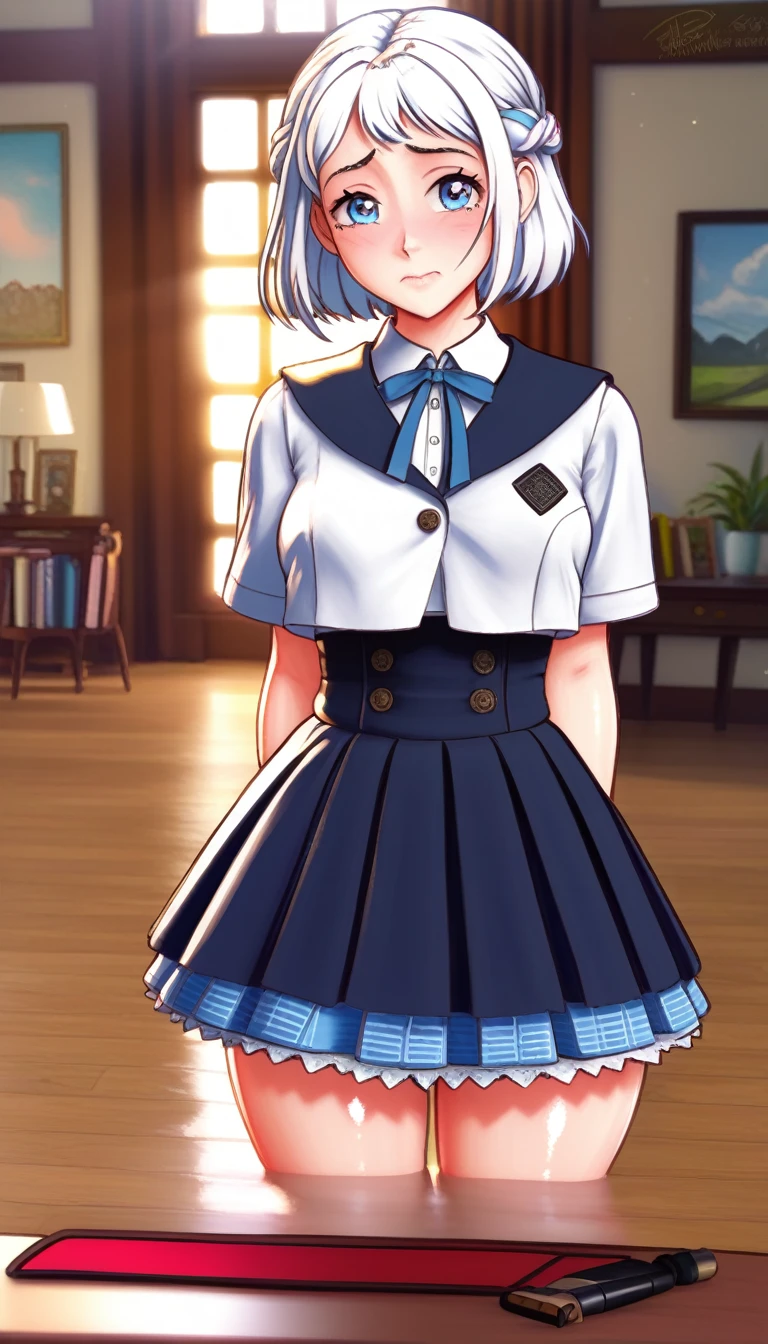 16k,8k,4K, lilja-default , katsuragi lilja,blue eyes,white hair,short hair,braid,,sailor collar,neck ribbon, white shirt,layered skirt,high-waist skirt,blush,embarrassing,big breast,thick thighs,shiny skin 16k, 8k, 4k, best quality, extremely detailed fine touch, hyper detailed, highly detailed, top quality, extreme quality, ultra details, absurdres, masterpiece, amazing details, beautiful illustration, detailed face, source_anime, digital painting, anime, very aesthetic, natural light, sun light, light rays, dappled light, reflection, shadows, ray tracing, soft lighting, bright colors, vivid colors, hdr, volumetric