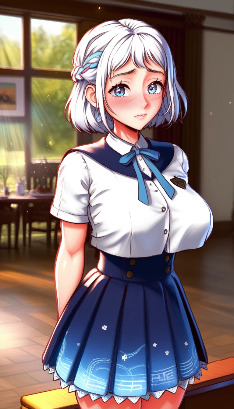 16k,8k,4K, lilja-default , katsuragi lilja,blue eyes,white hair,short hair,braid,,sailor collar,neck ribbon, white shirt,layered skirt,high-waist skirt,blush,embarrassing,big breast,thick thighs,shiny skin 16k, 8k, 4k, best quality, extremely detailed fine touch, hyper detailed, highly detailed, top quality, extreme quality, ultra details, absurdres, masterpiece, amazing details, beautiful illustration, detailed face, source_anime, digital painting, anime, very aesthetic, natural light, sun light, light rays, dappled light, reflection, shadows, ray tracing, soft lighting, bright colors, vivid colors, hdr, volumetric