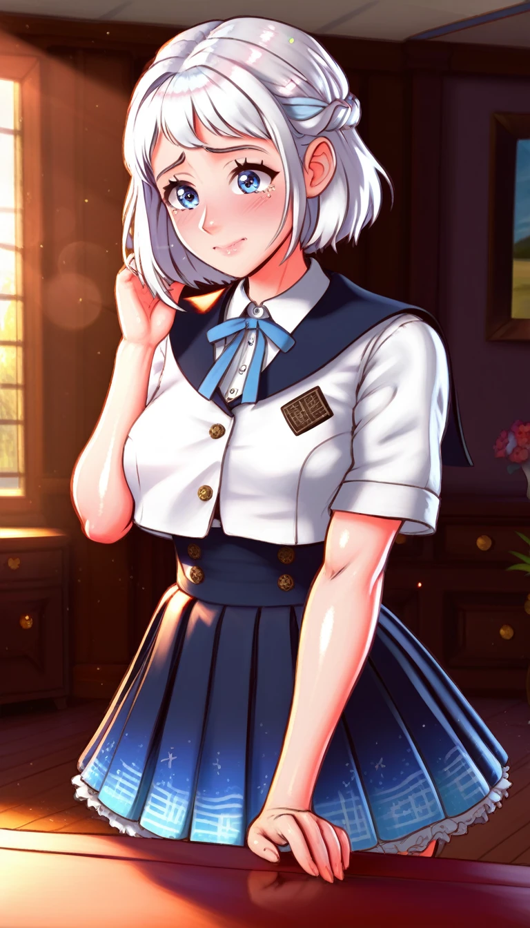 16k,8k,4K, lilja-default , katsuragi lilja,blue eyes,white hair,short hair,braid,,sailor collar,neck ribbon, white shirt,layered skirt,high-waist skirt,blush,embarrassing,big breast,thick thighs,shiny skin 16k, 8k, 4k, best quality, extremely detailed fine touch, hyper detailed, highly detailed, top quality, extreme quality, ultra details, absurdres, masterpiece, amazing details, beautiful illustration, detailed face, source_anime, digital painting, anime, very aesthetic, natural light, sun light, light rays, dappled light, reflection, shadows, ray tracing, soft lighting, bright colors, vivid colors, hdr, volumetric