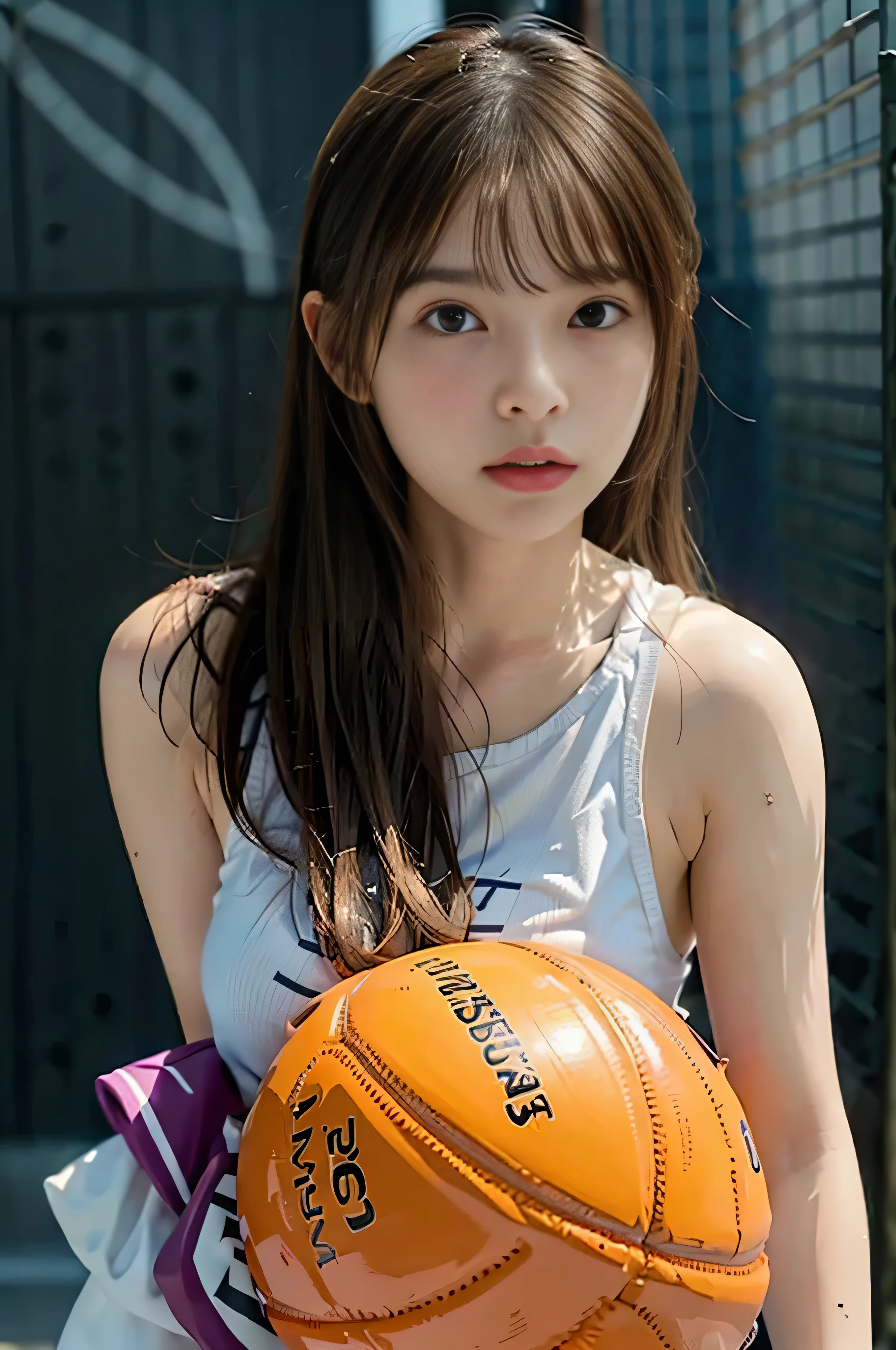 (8K, RAW Photos, Highest quality, Tabletop:1.2), (Realistic, Photorealistic:1.37),1 Girl,beautiful,Powerful, (alone),Detailed face, Elevation,sideboob,
Shoot the ball,Basketball Uniforms ,Sports, avert your eyes,sporty,Wet Skin,Sweat,Large Breasts,Beautiful legs,Basketball venue