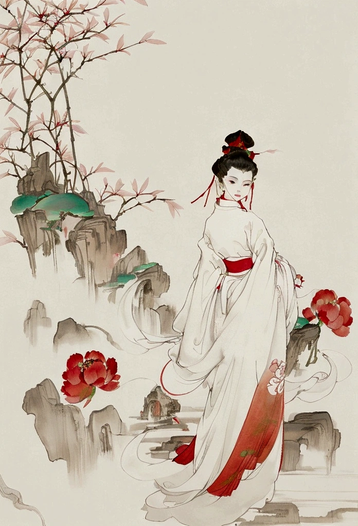 Ink and brushwork style，peony，peony，Red and green color scheme，Simple lines，gorgeous，Chinese Court，Hand Painted，HD details，White background，Painting on rice paper，HD 8k