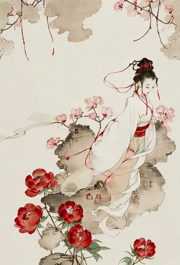 Ink and brushwork style,peony,peony,Red and green color scheme,Simple lines,gorgeous,Chinese Court,Hand Painted,HD details,White background,Painting on rice paper,HD 8k