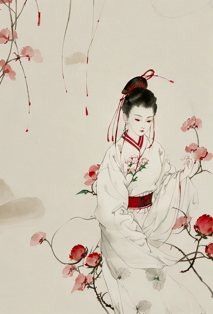 Ink and brushwork style,peony,peony,Red and green color scheme,Simple lines,gorgeous,Chinese Court,Hand Painted,HD details,White background,Painting on rice paper,HD 8k