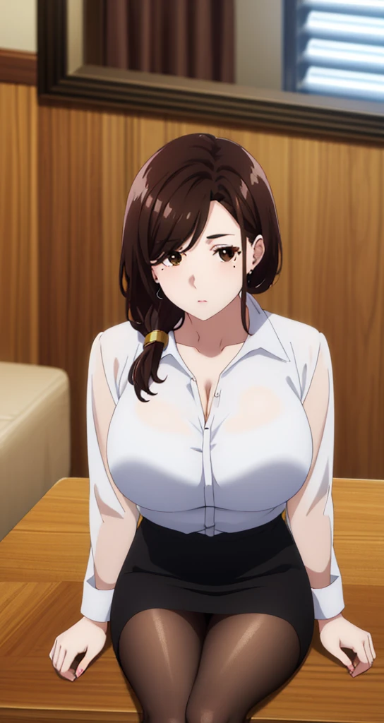 Highest quality, High resolution, From above, (avert your eyes:1.2), Junior-chan, One girl, Brown Hair, Brown eyes, Long Hair, Mole under the eye, Huge breasts, Black Hair, bangs, skirt shirt, Cleavage, clavicle, (See-through white shirt:1.5), pantyhose, indoor, High heels, Pencil Skirt, High Waist Skirt, office, Focus Only, Cowboy Shot, window, Chair, Sitting, Low Ponytail