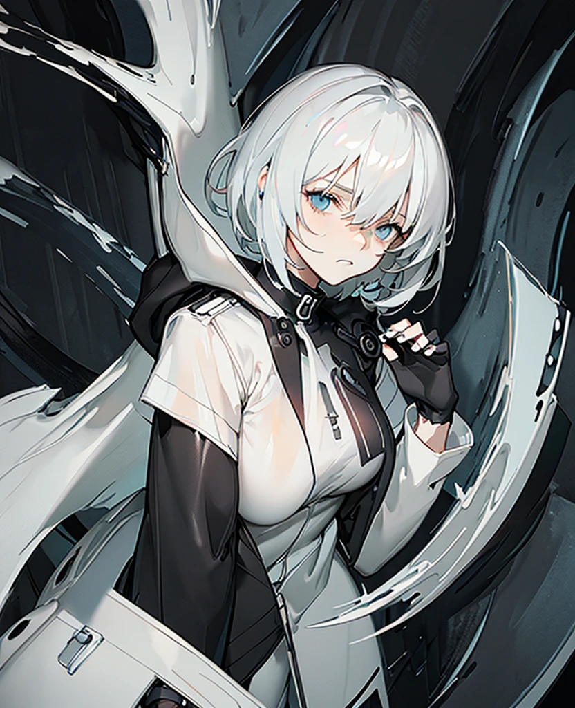 Masterpiece,Best quality,(A gloomy painting style:1.6),Solo,Boy,White hair,Short hair,(White shirt:1.4),((Face)) shirt,Shorts,Coat,Hood,Sneakers,Black coat,No breasts,Long sleeves,bangs,Fingerless gloves,Short hair,hair between eye,((gloomy expression)),(Pure black background:1.4),1 girl,(Holding something on one's chest)