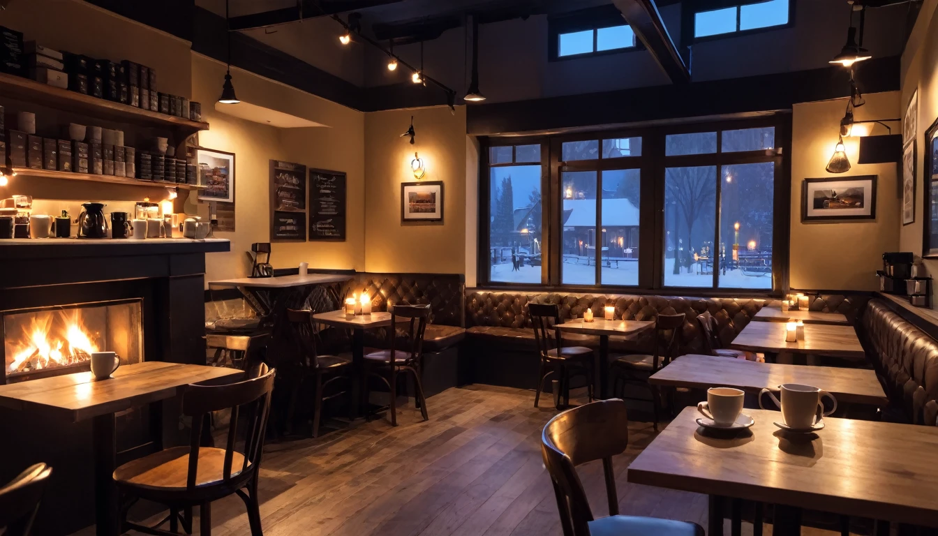 at night a cozy coffeeshop with a lot of tables with coffee cups on them, a big window in the center and a fireplace