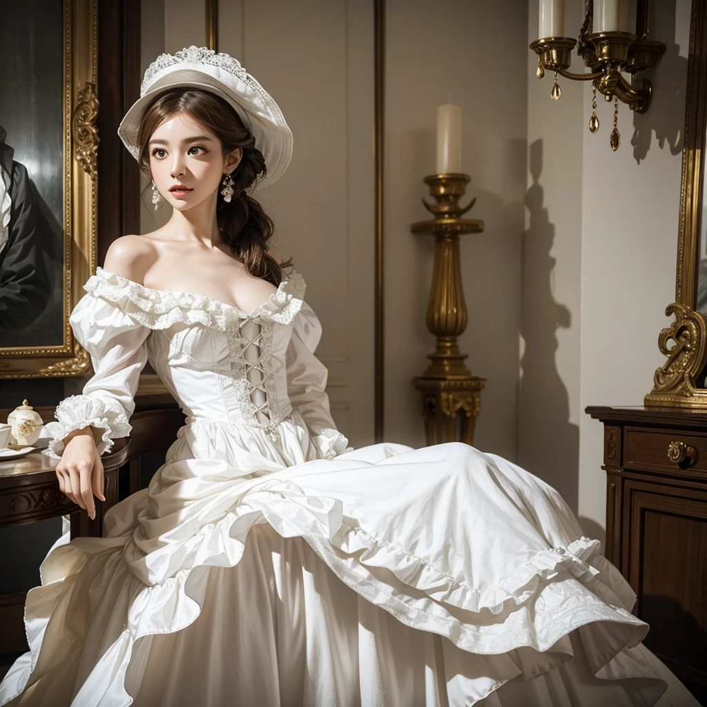 arafed woman in a white dress and hat in a room, dress in the style of rococo, rococo fashion, rococo queen, # rococo, rococo dress, intricate victorian dress, rococo!, in victorian aristocrat, robe. extremely high details, rococo style, ivory rococo, historical baroque dress, marie antoinette, victorian dress