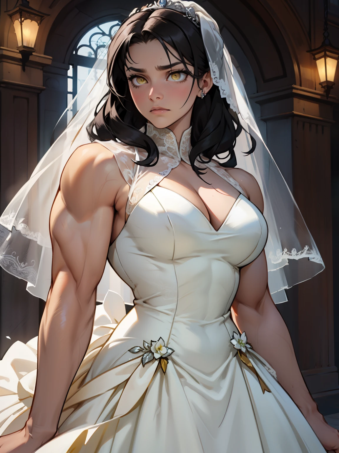 large breasts muscular toned body bodybuilder black hair pale skin yellow eyes skintight expressionless sad sad wedding dress wedding dress wedding dress solo