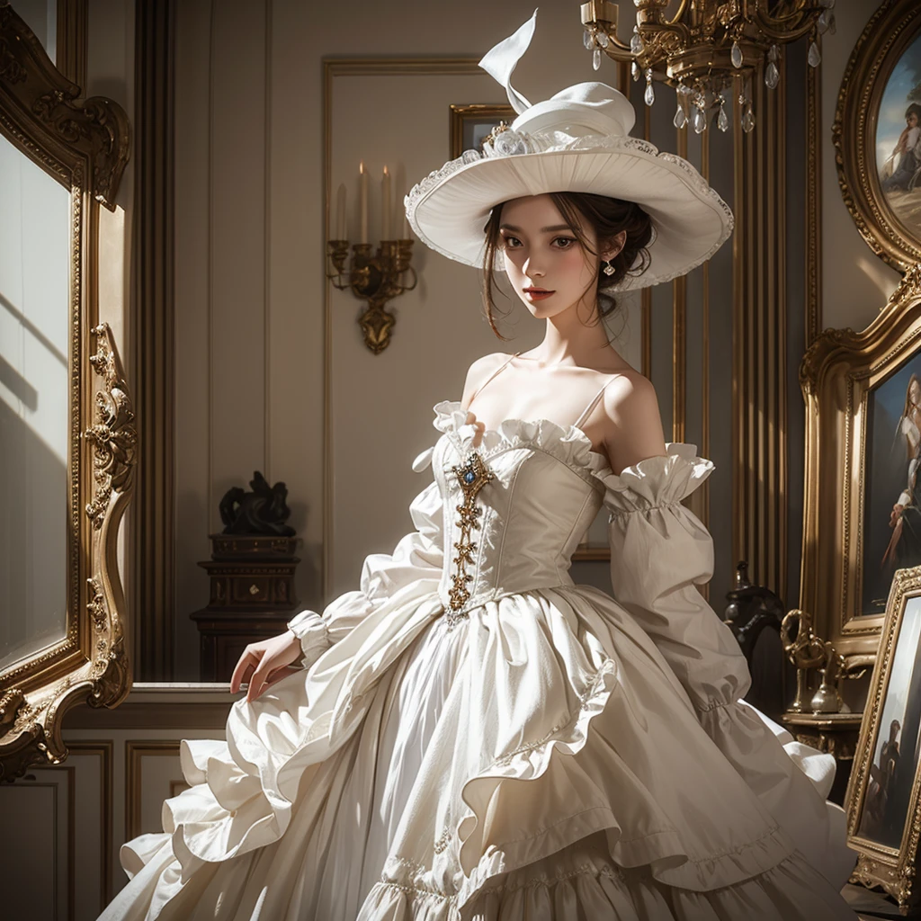 arafed woman in a white dress and hat in a room, dress in the style of rococo, rococo fashion, rococo queen, # rococo, rococo dress, intricate victorian dress, rococo!, in victorian aristocrat, robe. extremely high details, rococo style, ivory rococo, historical baroque dress, marie antoinette, victorian dress