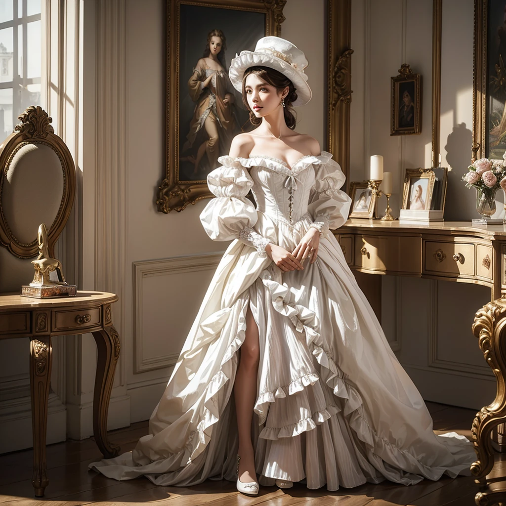 arafed woman in a white dress and hat in a room, an album cover by Jean Jouvenet, cgsociety contest winner, rococo, dress in the style of rococo, rococo fashion, rococo queen, # rococo, rococo dress, intricate victorian dress, rococo!, in victorian aristocrat, robe. extremely high details