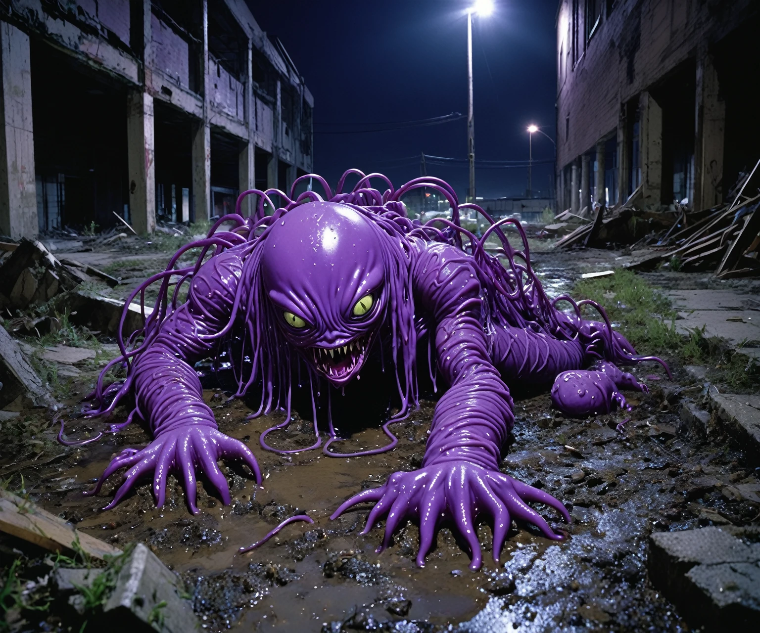 Full figure of a humanoid purple slimy ooze creature, purple ooze and slime, ugly aggressive human face, slimy tendrils from it's head, surreal slimy alien muscle body, fallen on the ground at a abandoned urban construction site at night time