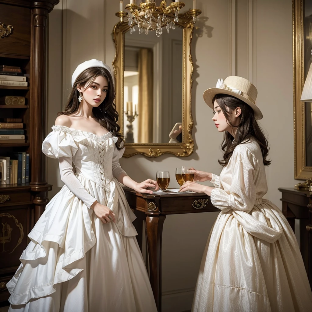 arafed woman in a white dress and hat in a room, dress in the style of rococo, rococo fashion, rococo queen, # rococo, rococo dress, intricate victorian dress, rococo!, in victorian aristocrat, robe. extremely high details, rococo style, ivory rococo, historical baroque dress, marie antoinette, victorian dress