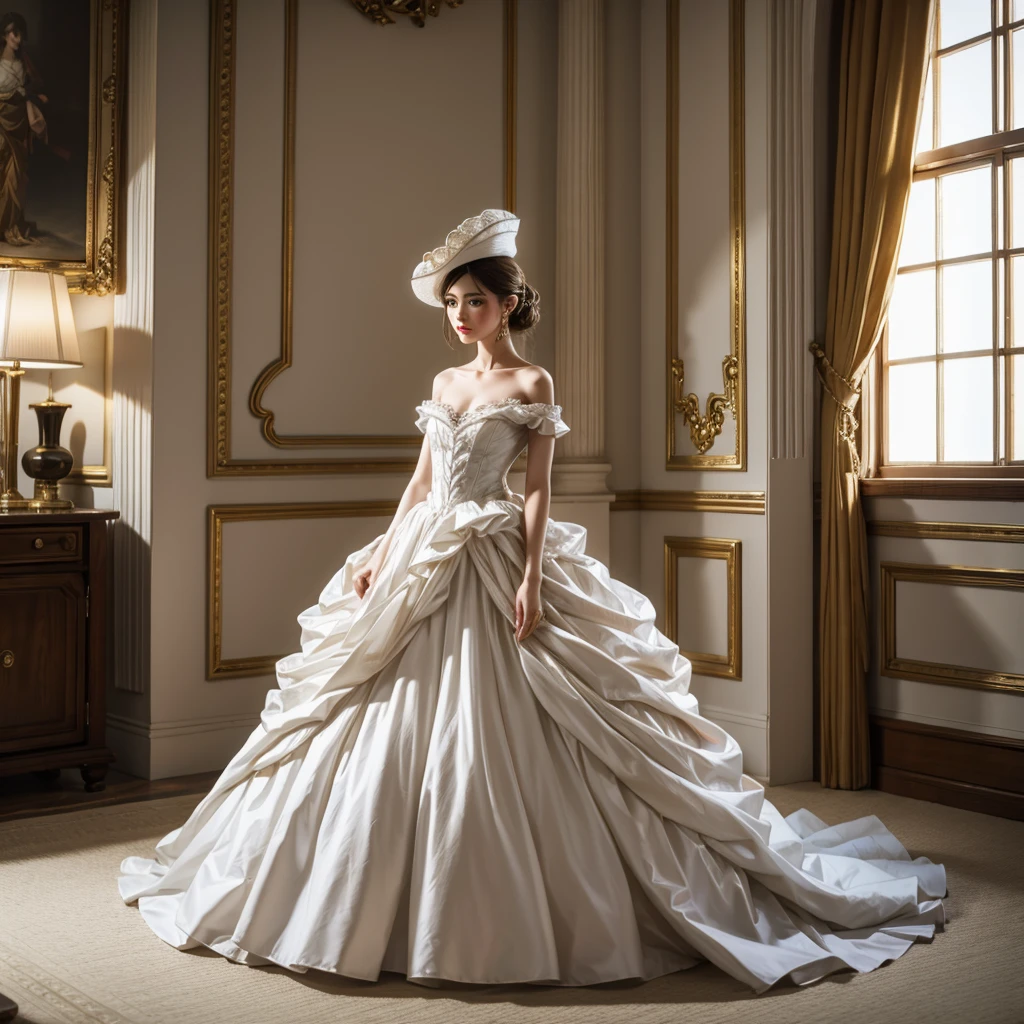 arafed woman in a white dress and hat in a room, dress in the style of rococo, rococo fashion, rococo queen, # rococo, rococo dress, intricate victorian dress, rococo!, in victorian aristocrat, robe. extremely high details, rococo style, ivory rococo, historical baroque dress, marie antoinette, victorian dress