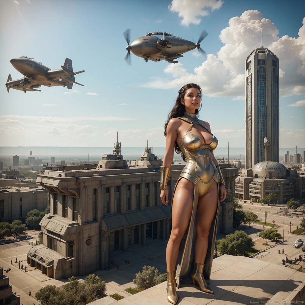 there is a naked woman in a futuristic dress standing in front of a bunch of city, large dieselpunk flying airships, dribbble, inspired by Gil Elvgren, fantasy paladin woman, inspired by Mark Brooks, [ bubbles, portrait of helen of troy, sci - fi : :, golden armour