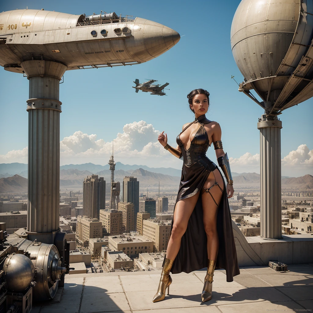there is a naked woman in a futuristic dress standing in front of a bunch of city, large dieselpunk flying airships, dribbble, inspired by Gil Elvgren, fantasy paladin woman, inspired by Mark Brooks, [ bubbles, portrait of helen of troy, sci - fi : :, golden armour