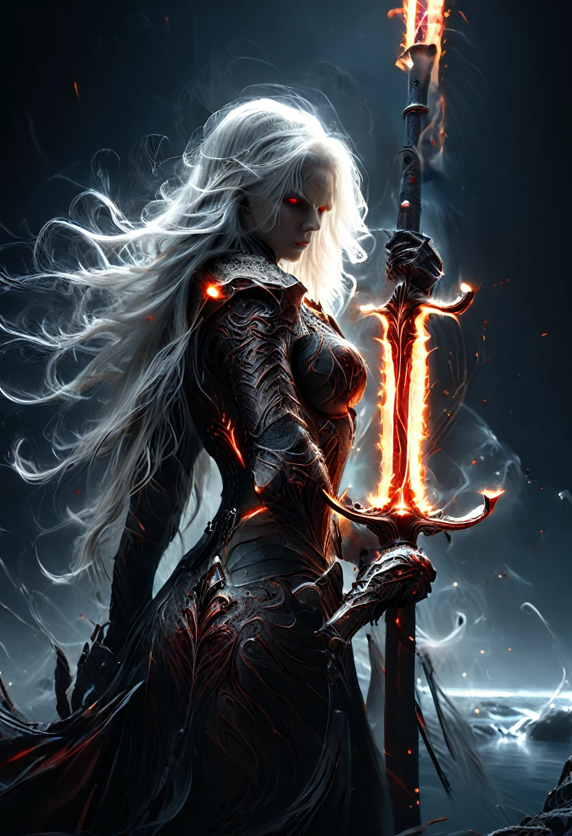 8k resolution, depth of field, photorealistic, lens flare, ((best quality)), (((intricate details))), highly detailed, (((cinematic effect))), looking at viewer,1girl,breasts,long hair, ((white hair with black highlights)), ponytail, (glowing red eyes), serious and severe face, ,wearing flame armor, helmet in the shape of a blood red head,holding,cleavages,V,vaporous swirls of deep black,holding weapon, sword, holding sword, night, (underworld,hells), well of cursed souls, (((the river styx background:1.5))),UHD, no anatomical defects,dark, extremely detailed,  amazing quality, masterpiece, best quality, hyper detailed, ultra detailed, UHD, perfect anatomy, portrait, DOF, majestic, awesome, inspiring, cinematic, global illumination, dramatic, atmospheric haze, cinematic composition, deep shadows, death scythe,,made of mad-wsps, surrounded by glowing force magic,glowing character outline by dark aura\(blue:1.5\)