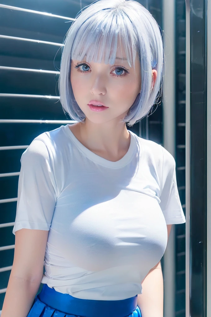 (white skin girl:1.5),(beautiful face:1.3),(beautifulbigtits:1.4) ,(beautiful skin:1.5),(white short tight L-shirts with blue lines:1.5)
(shiny medium hair:1.5),(heat poles:1.5),(bangs:1.3),(black skirt:1.2)