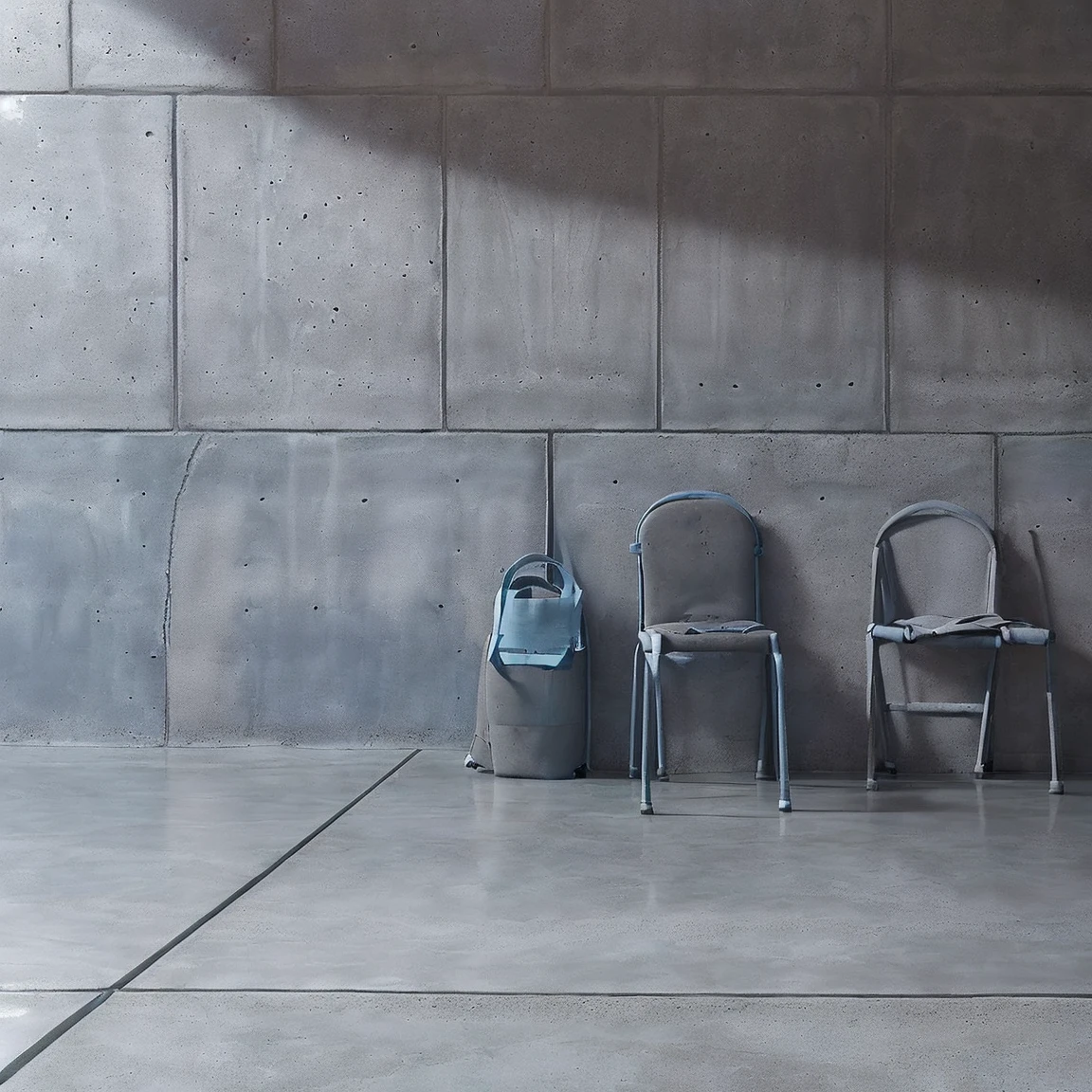 (((((Blue stone wall)))))、(((((Grey concrete floor)))))、(((((Bag on chair)))))、(((((The bag is facing straight ahead)))))、(((((Photogenic quality)))))、(((Wide angle of view)))