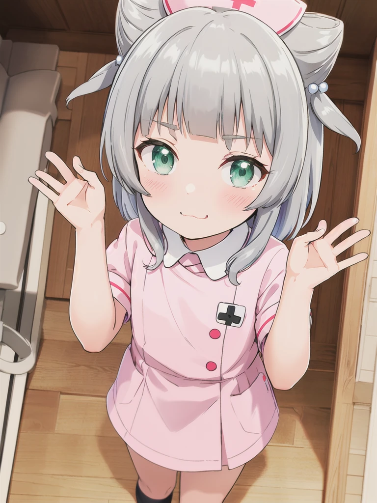 indoor,hospital,hospitalのベッド,Looking down from above,face focus, Green Eyes, Grey Hair, hair ornaments, bangs, Virtual YouTuber, Shine, blunt bangs, Double Bang, Animal ears, Flat Chest,Pink nurse uniform,Nurse hat,blush, (View your viewers),, smile, Are standing,