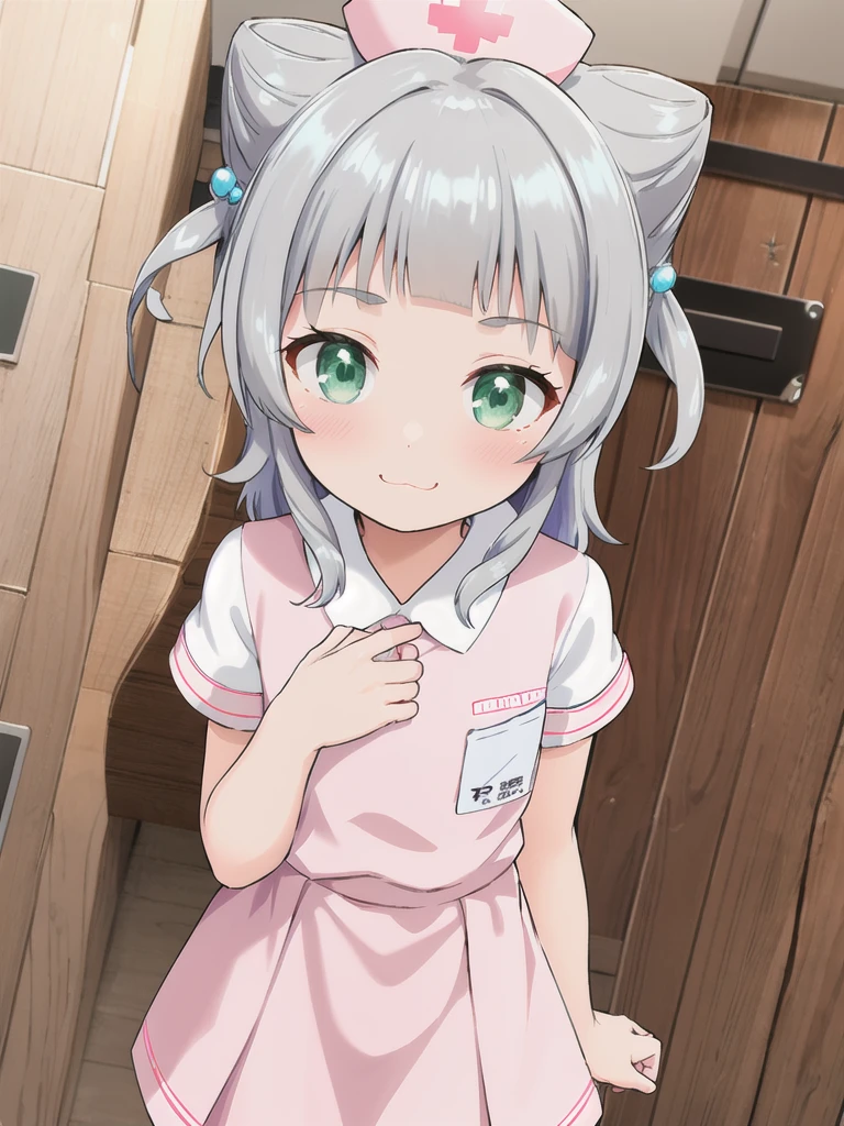 indoor,hospital,hospitalのベッド,Looking down from above,face focus, Green Eyes, Grey Hair, hair ornaments, bangs, Virtual YouTuber, Shine, blunt bangs, Double Bang, Animal ears, Flat Chest,Pink nurse uniform,Nurse hat,blush, (View your viewers),, smile, Are standing,