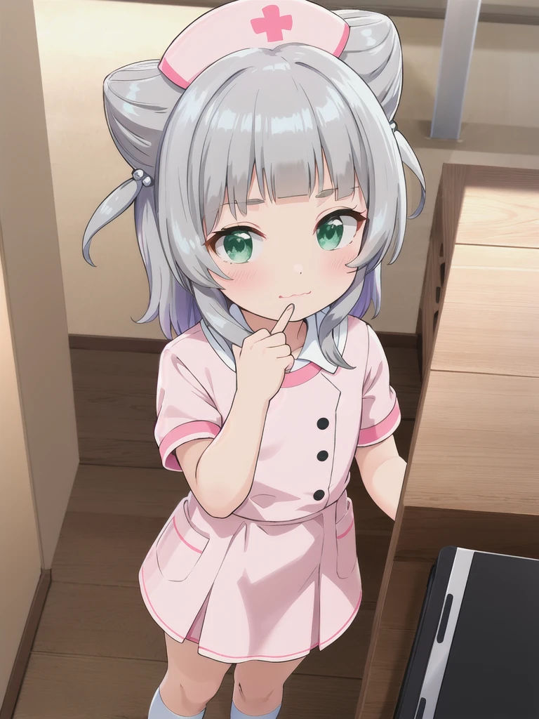 indoor,hospital,hospitalのベッド,Looking down from above,face focus, Green Eyes, Grey Hair, hair ornaments, bangs, Virtual YouTuber, Shine, blunt bangs, Double Bang, Animal ears, Flat Chest,Pink nurse uniform,Nurse hat,blush, (View your viewers),, smile, Are standing,