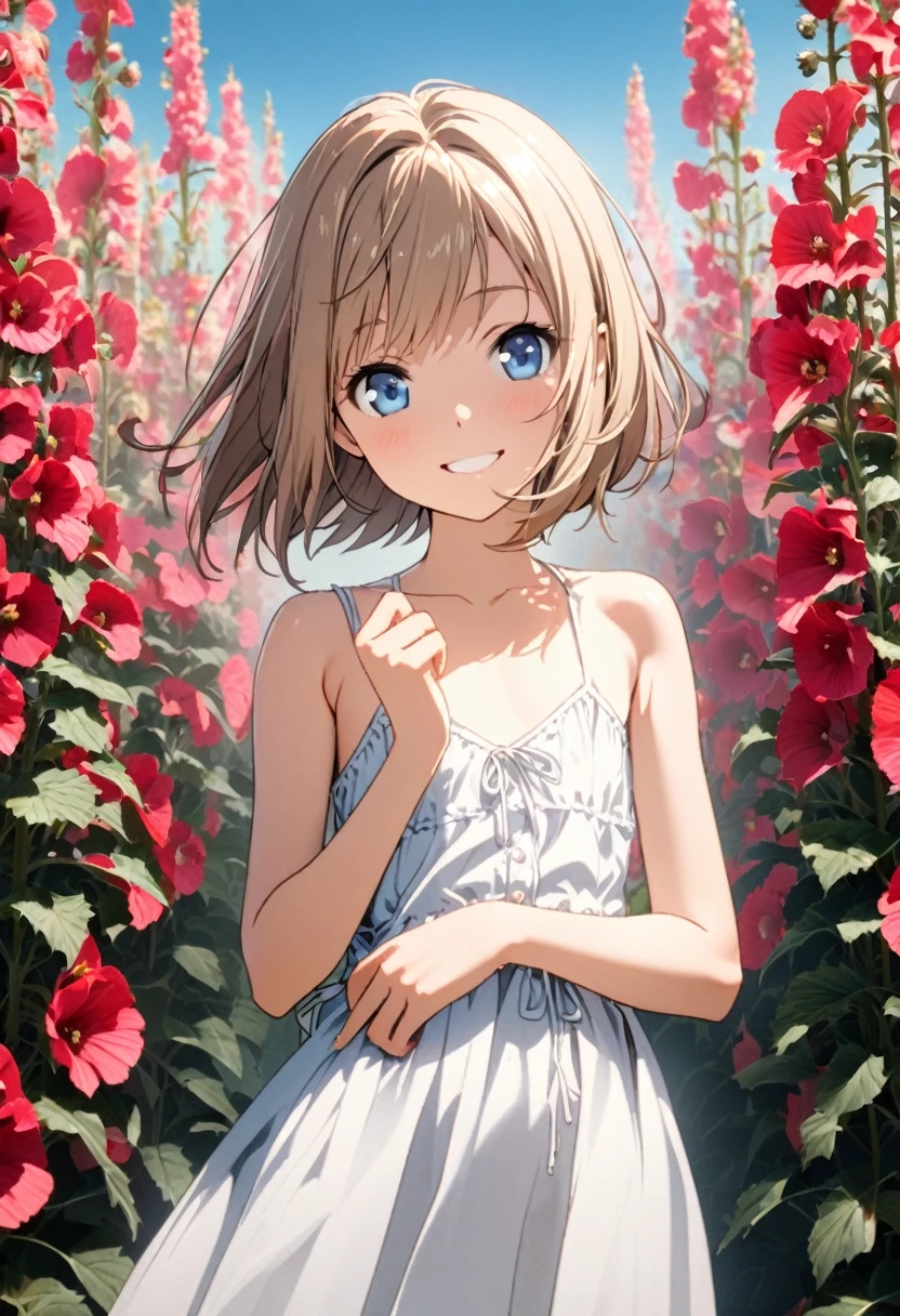 1 girl, 18yo, (flat chest: 1.5), blue eyes, light brown hair, bob cut, early summer outfit, smiling, posing, having fun, upper body, Hollyhock Field, blue sky, 8k, RAW photo, best quality, masterpiece, extremely detailed 8k wallpaper, ultra-detailed, best shadow, detailed background, beautiful detailed face, beautiful detailed eyes, nice hands, perfect hands