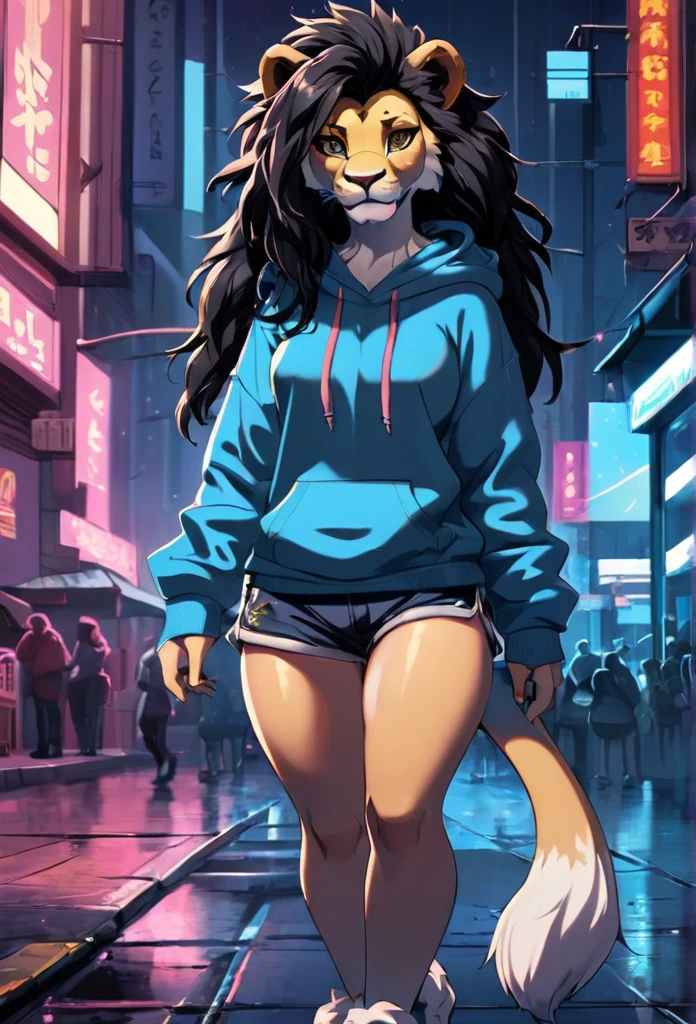 Stylized cinematic anime artwork, fluffy anthro furry, lion, female, black dreadlocks hair, hairs tucked back, hoodie, shorts, single tail, subsurface scattering, smooth lines, caustics, hyper realistic painting