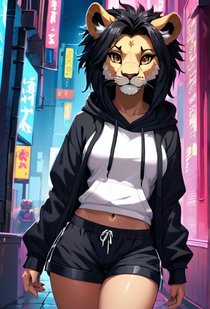 Stylized cinematic anime artwork, fluffy anthro furry, lion, female, black dreadlocks hair, hairs tucked back, hoodie, shorts, single tail, subsurface scattering, smooth lines, caustics, hyper realistic painting