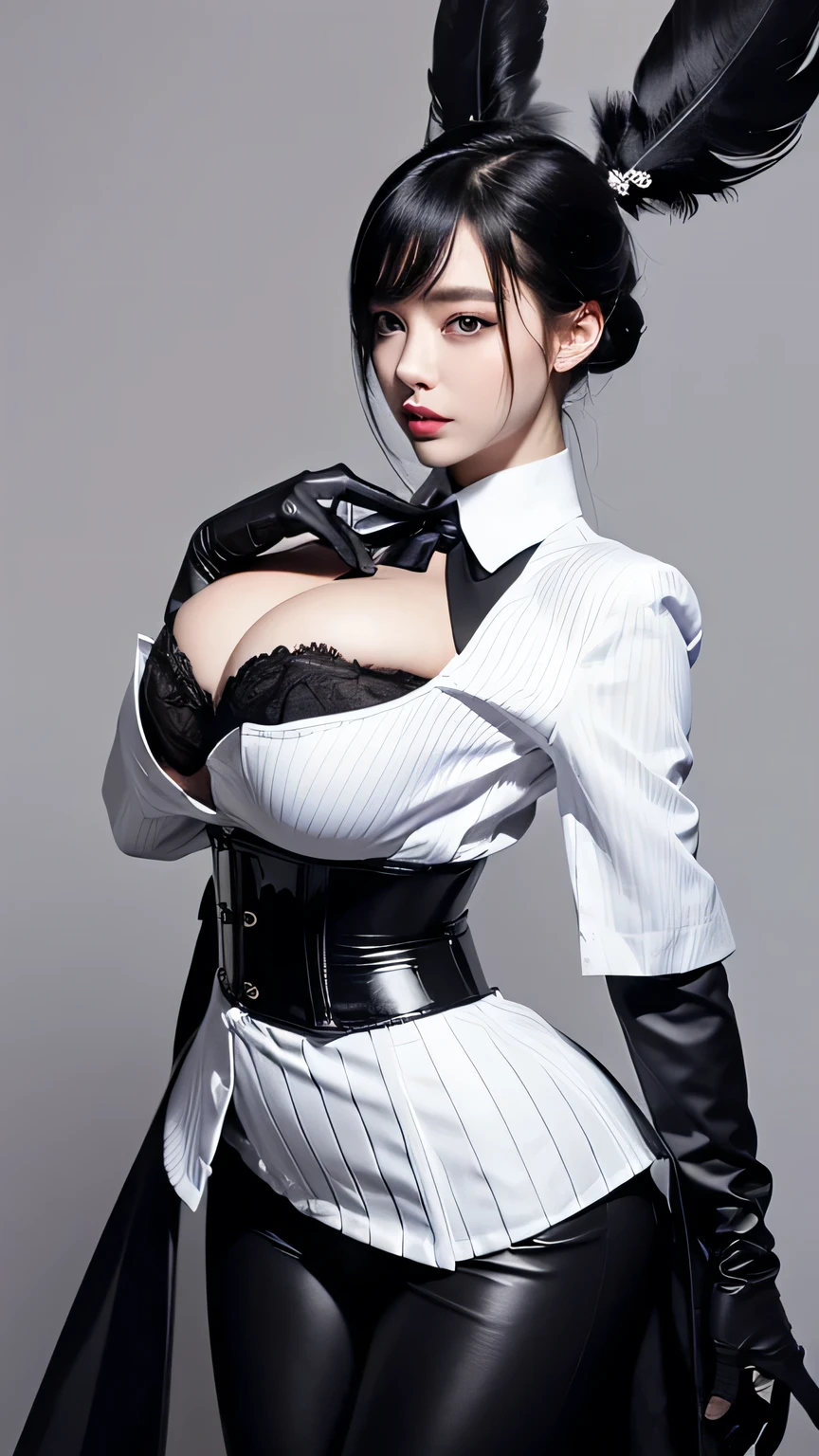 Beauty、She is wearing a white striped dress shirt and a black corset.、Not exposing breasts、Wearing a flashy coat of black feathers、Big Breasts、Wearing tight black pants、He has two red belt holders around his waist.、Wearing flashy sleeves and gloves、Gibson Tuck Hairstyle、high resolution、Wearing a black tie、White background