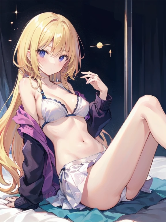 Short skirt,Clothes with intricate details,pattern,Swimwear,Loner,blond,Sexy、Relaxed posture、sleep、long hair