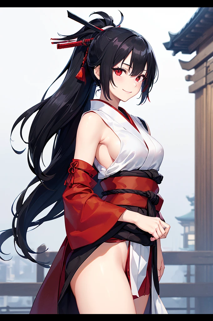 (masterpiece; best quality: 1.2), (finely detailed eyes: 1.3), ((25 year old woman)), ((solo)), (red eyes: 1.4), (body; lithe, slender, femenine: 1.3), (black hair in ponytail: 1.3), (beautiful and clear background: 1.2), ((depth of field)), (clothes: ronin attire + black-and-white hakama + red sash: 1.3), (anime illustration: 1.2), (background; old japanese castle exterior + night time: 1.1), (extremely fine and beautiful: 1.1), (shot composition; standing + centered on torso + close-up: 1.5), (expression; calm, smile: 1.2)
