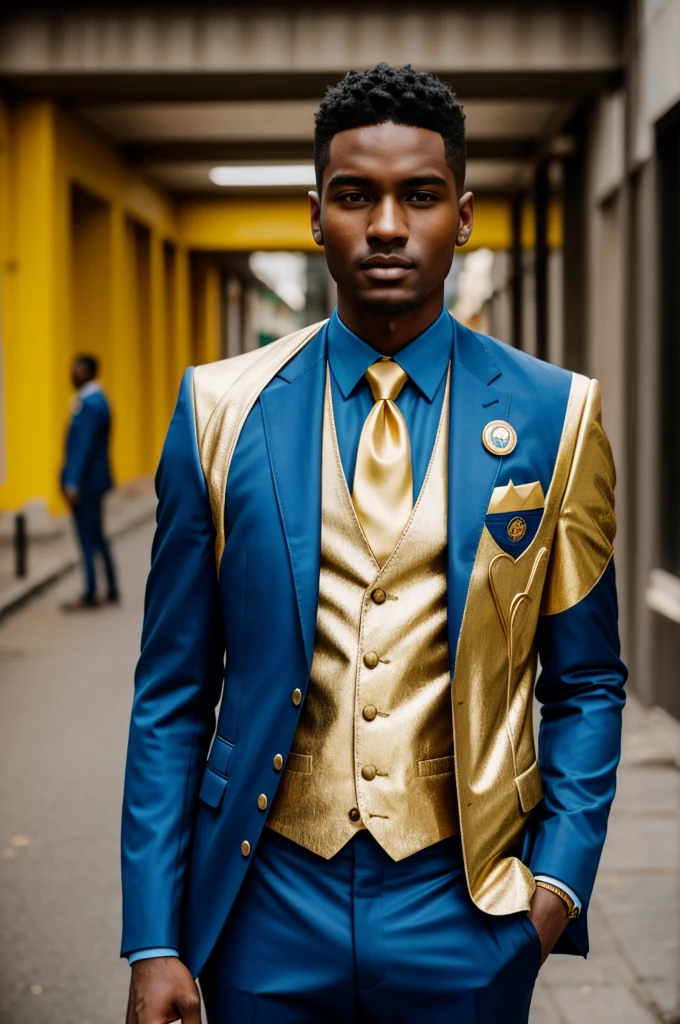 Ethos wears a sleek, blue and gold suit with a heart-shaped emblem and a book symbol, standing in a diverse community.