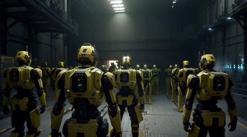 generate an image showing an army of androids performing an artillery presentation parade