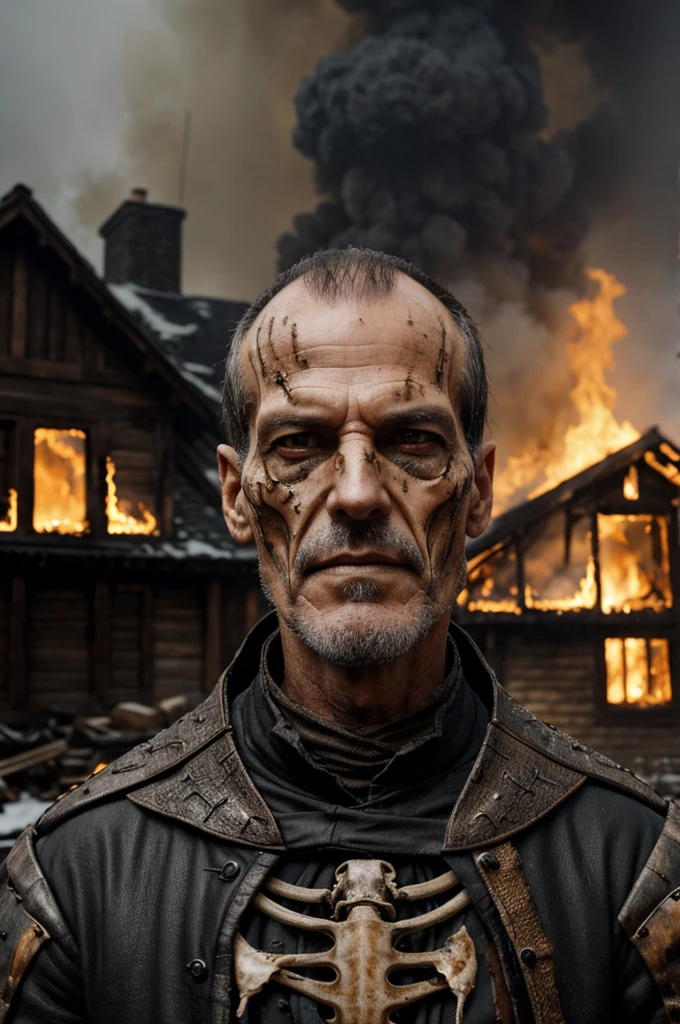 tall thin 50 year old man evil villain, half of the face is decomposed and very rotten showing the larvae, showing some of the bones, Wearing medieval clothes, Snow Background, and houses on fire, lots of background fire, realisitic