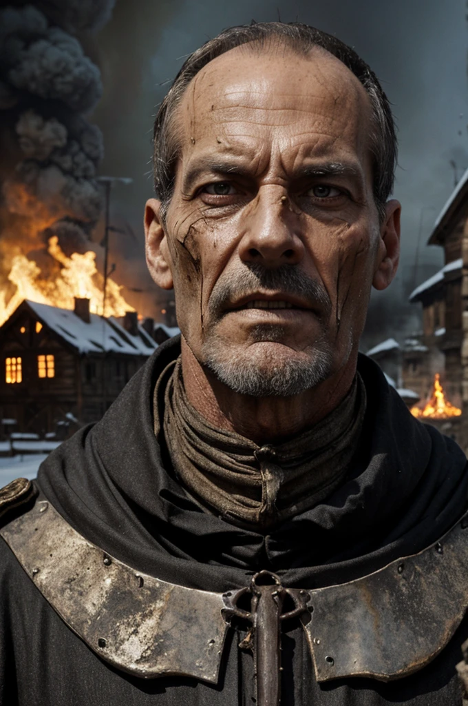 tall thin 50 year old man evil villain, half of the face is decomposed and very rotten showing the larvae, showing some of the bones, Wearing medieval clothes, Snow Background, and houses on fire, lots of background fire, realisitic