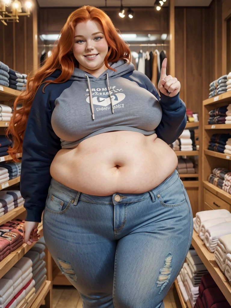 A happy photo of a young cute redhead bbw with long wavy ginger hair, huge soft fat belly, wide fat obese hips, thick fat legs and fat arms, cute pretty face, small breasts, blue eyes, freckles, in a cute long tight covering hoodie and long jeans trousers and jeans jackie, pointing on her belly in a chlothes shop