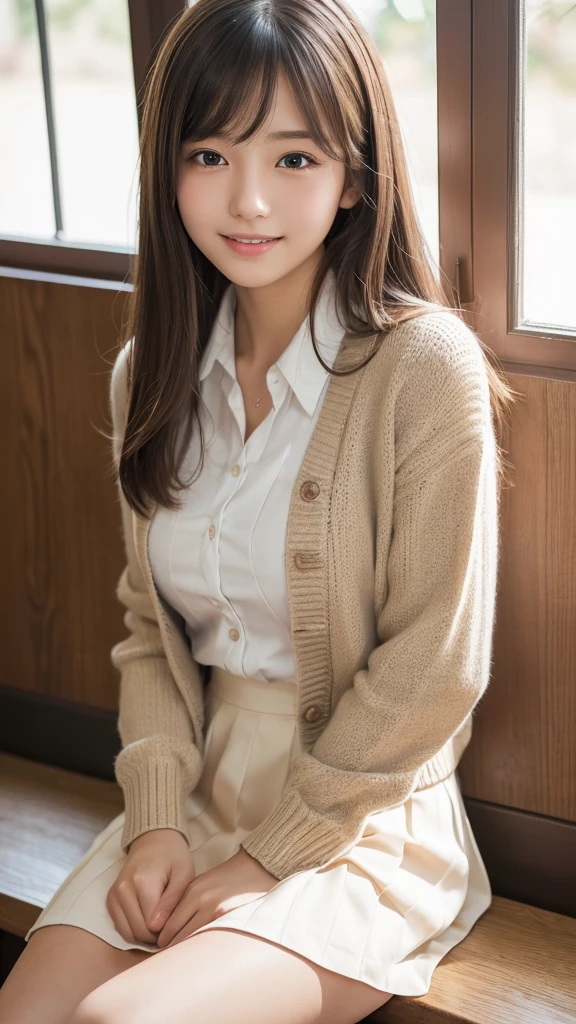 Top quality, Photo Real, High resolution, Detailed Background, Beautiful skin in every detail, Detailed nose, (((without makeup1.9))),(clear and beautiful skin with transparency1.9),Soft lighting, (Solo Shot:1.23),(high school girl's uniform1.9),(very cute uniform1.9) ,cardigan,long-sleeved white blouse,checked mini skirt,very soft-looking thighs,Close-up shot, View your viewers, (Nice hands, Perfect hands), Clear Eyes,Japanese girl, Pale skin,1 beautiful woman, (japanese1.2),around ,(permed hair1.5),((bon hair1.5)),Blonde hair,(I cannot see her chest as it is completely covered by clothing1.8),(soft-looking chest,A large and well-shaped chest1.8),(cute lips1.9),((great style1.9)), (Open-mouthed and smiling very happily1.9),Beautiful eyes,looking up with eyes,staring at me,staring directly,smile towards,(She is looking straight at me from the front1.9),(accurate structure of the limbs1.9), She is in the classroom after school,sunset,