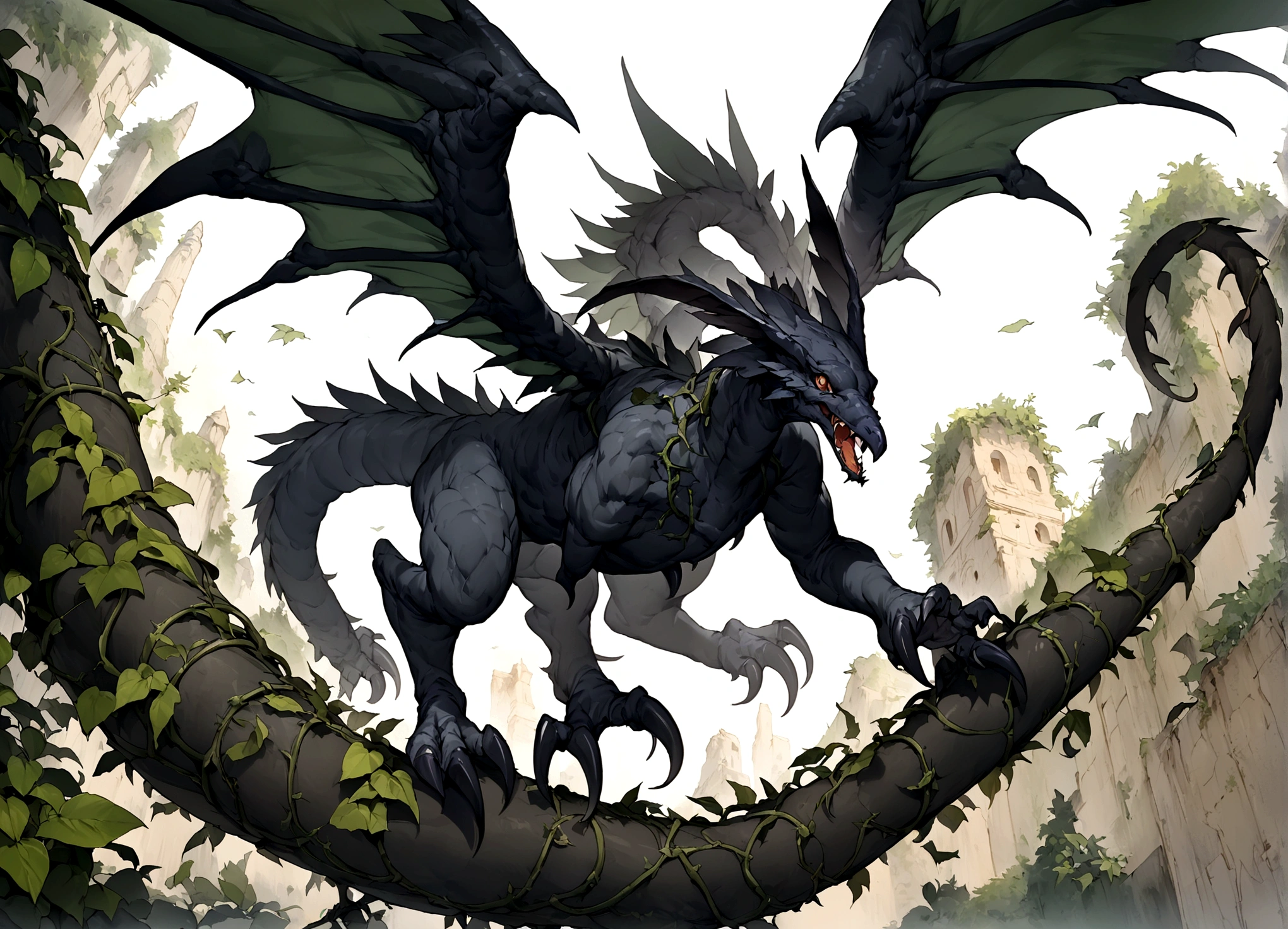 Camera looking down from the air，High definition, Best Image, Illustration quality, Very detailed, Winged monster, Thin figure, The whole body is covered with black scales, Large leaves running through the body, There is a vine at the end of the tail, Sharp claws and fangs, Dead Leaf Wings，