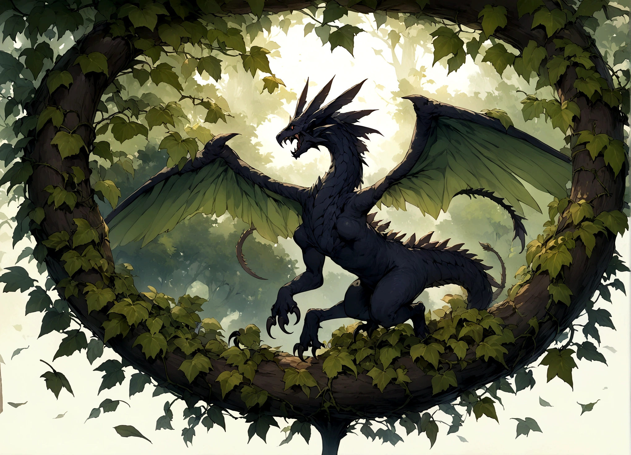 ((masterpiece), best quality, high quality, professional quality, highly detailed, highres, perfect lighting, natural lighting), black dragon, soaring over forest, lush green trees