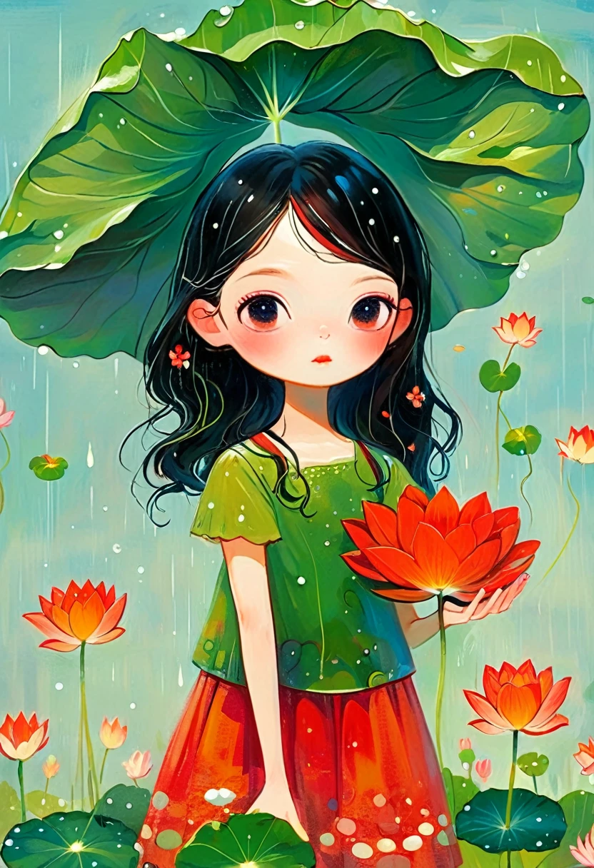 A little girl dressed in red was standing in a lotus pond, holding a large lotus leaf in her hand. It was raining in the sky, the
illustration is drawn with colorful lines in a flat style, with green as the main tone of the background,looking down from the sky, K