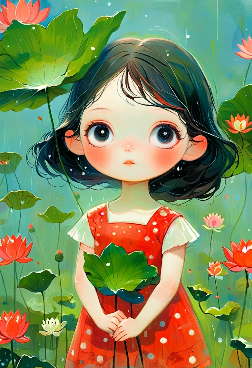 A  dressed in red was standing in a lotus pond, holding a large lotus leaf in her hand. It was raining in the sky, the
illustration is drawn with colorful lines in a flat style, with green as the main tone of the background,looking down from the sky, K