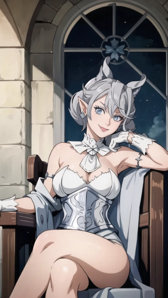 Outside castle top High level image quality best image quality 8K adult woman silver castle outside more colors whole body view portrait bikini horn ears short hair((shortcut)(gray hair)(perm)(fluffy)) eye color is blue , , attractive evil face , smile , sexy pose , labrynth , barearm , wearing pink , wings , sitting on chair ,holding her weapon , crossed legs, view heels , view side