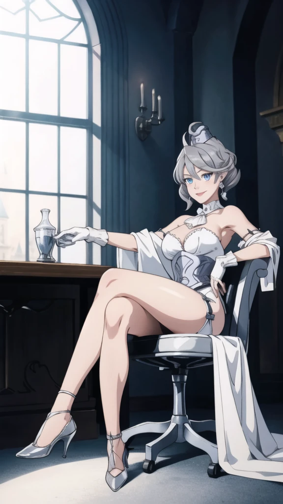 table top High level image quality best image quality 8K adult woman whole body view portrait pure white long gloves(elbow gloves) white long dress(slit) white wolf ears short hair((shortcut)(gray hair)(perm)(fluffy)) eye color is blue attractive evil facce , face details, smile , nightfall moonlight sexy pose , sitting down , crossed legs style in detailed , labrynth , face focus (Crystal chandelier) , view legs , view soft barefoot