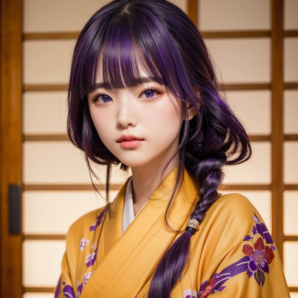 real girl with long hair and purple eyes in a kimono, detailed photo realistis 8k