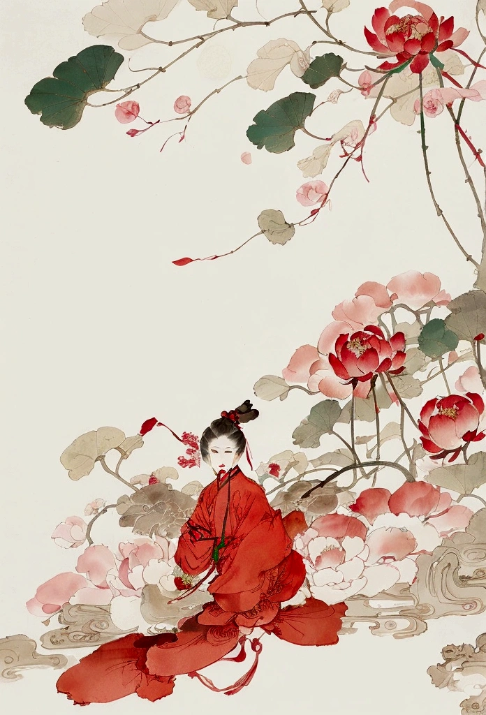 Ink and brushwork style，peony，peony，Rose，Red and green color scheme，Simple lines，gorgeous，Chinese Court，Hand Painted，HD details，White background，Painting on rice paper，HD 8k