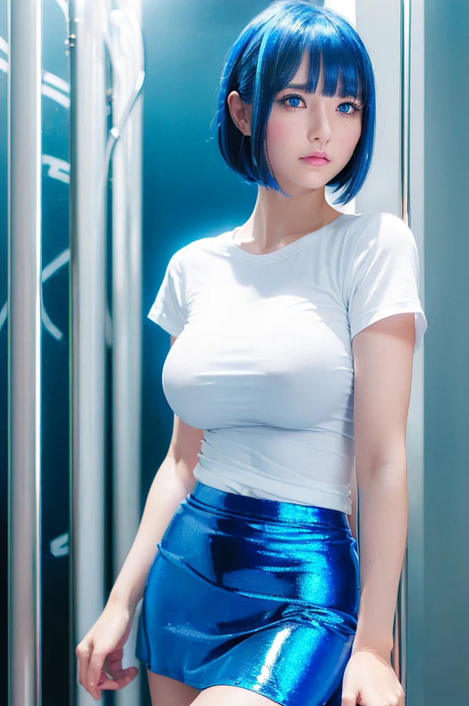 (white skin girl:1.5),(beautiful face:1.3),(beautifulbigtits:1.4) ,(beautiful skin:1.5),(white short tight L-shirts with blue lines:1.5)
(shiny medium hair:1.5),(heat poles:1.5),(bangs:1.3),(metallic blue skirt:1.4)