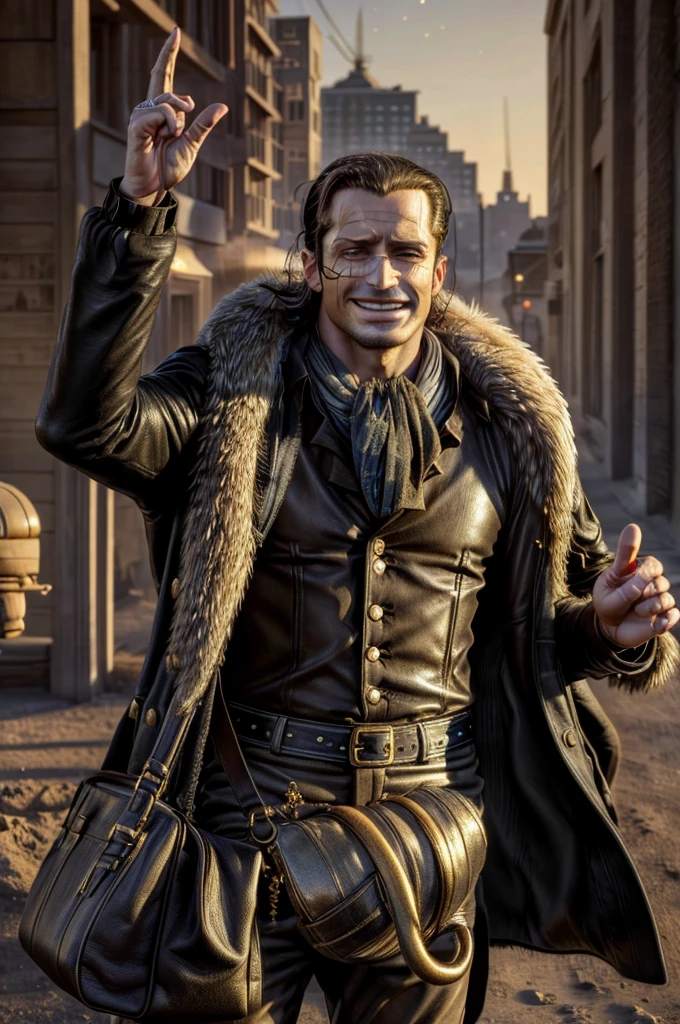 masterpiece, best quality, extremely detailed, hyperrealistic, photorealistic, a cool 40s man, ultra detailed face:1.2, fur-trimmed coat, scarf around the neck, his left hand is a golden pirate hook:1.1, desert, city, raising hand, holding santa's bag, sly smile