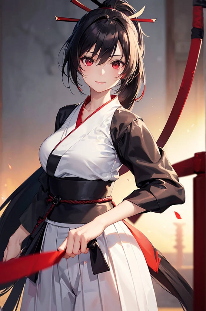 (masterpiece; best quality: 1.2), (finely detailed eyes: 1.3), ((25 year old woman)), ((solo)), (red eyes: 1.4), (body; lithe, slender, femenine: 1.3), (black hair in ponytail: 1.3), (beautiful and clear background: 1.2), ((depth of field)), (clothes: ronin attire + black-and-white hakama + red sash: 1.3), (anime illustration: 1.2), (background; kendo dojo + night time: 1.1), (extremely fine and beautiful: 1.1), (shot composition; standing + centered on torso + close-up: 1.5), (expression; calm, smile: 1.2)