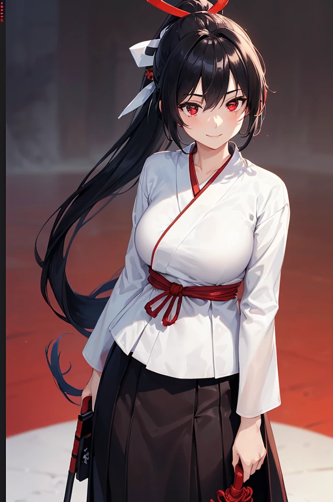 (masterpiece; best quality: 1.2), (finely detailed eyes: 1.3), ((25 year old woman)), ((solo)), (red eyes: 1.4), (body; lithe, slender, femenine: 1.3), (black hair in ponytail: 1.3), (beautiful and clear background: 1.2), ((depth of field)), (clothes: ronin attire + black-and-white hakama + red sash: 1.3), (anime illustration: 1.2), (background; kendo dojo + night time: 1.1), (extremely fine and beautiful: 1.1), (shot composition; standing + centered on torso + close-up: 1.5), (expression; calm, smile: 1.2)